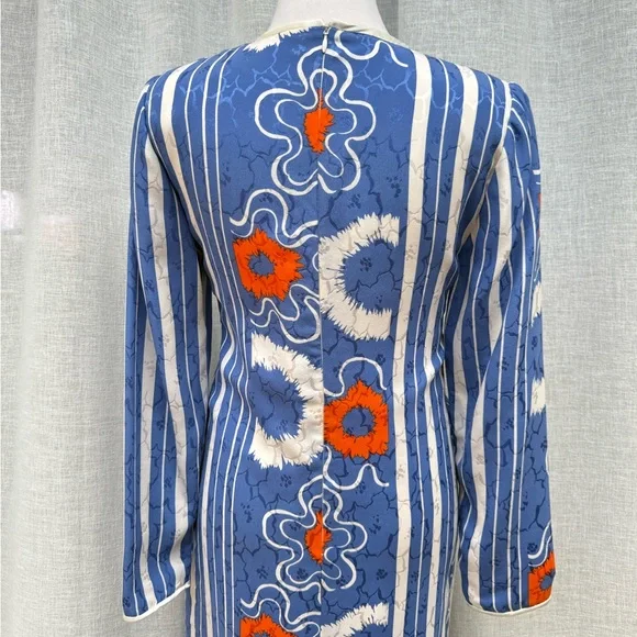Vintage Long sleeve shift brocade blue orange silk mini dress - Picture 5 of 8